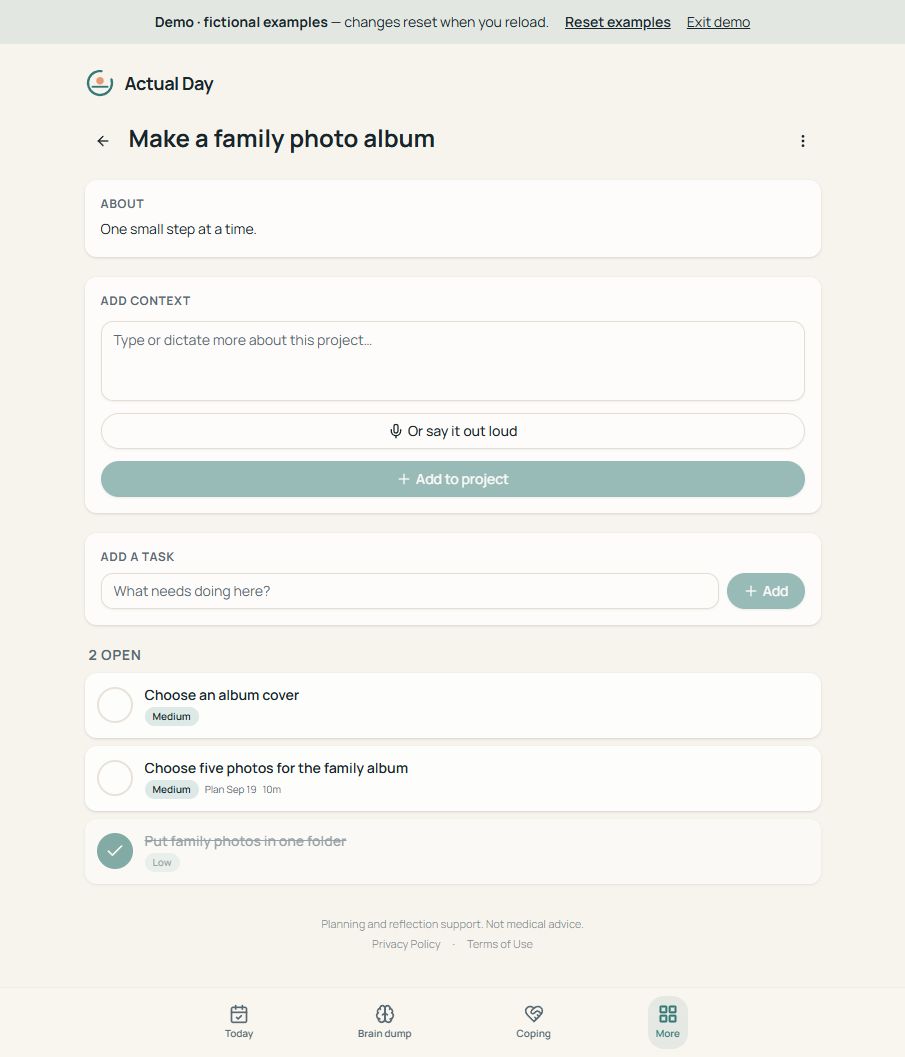 A family photo album project in Actual Day, with small tasks and a completed step.