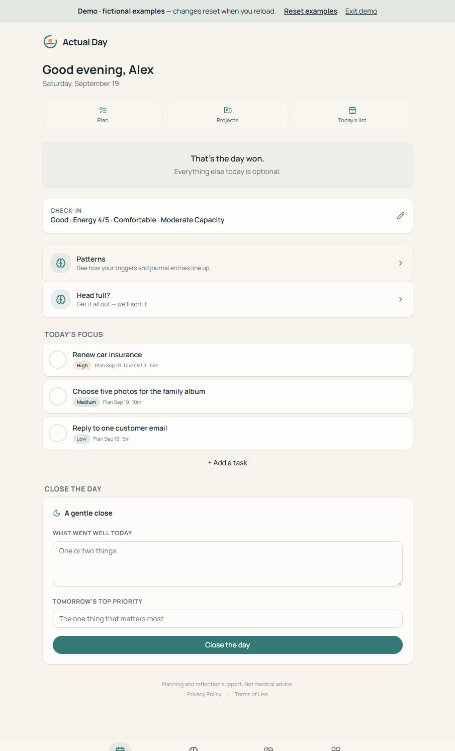 Actual Day’s Today screen: Alex’s check-in and tasks for car insurance, a family album and a customer email.